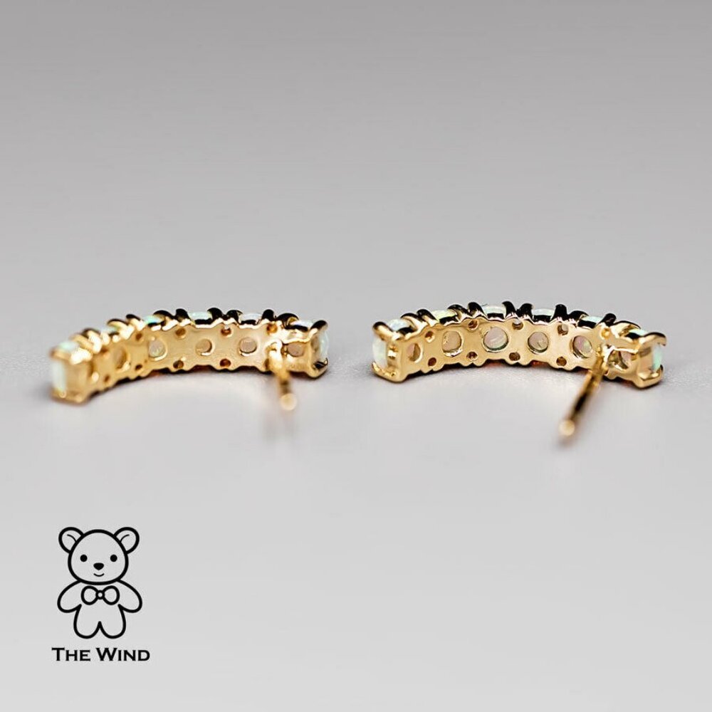 Minimalist Australian Solid Opal Curved Stud Earrings 14K Yellow Gold - Picture 3 of 5